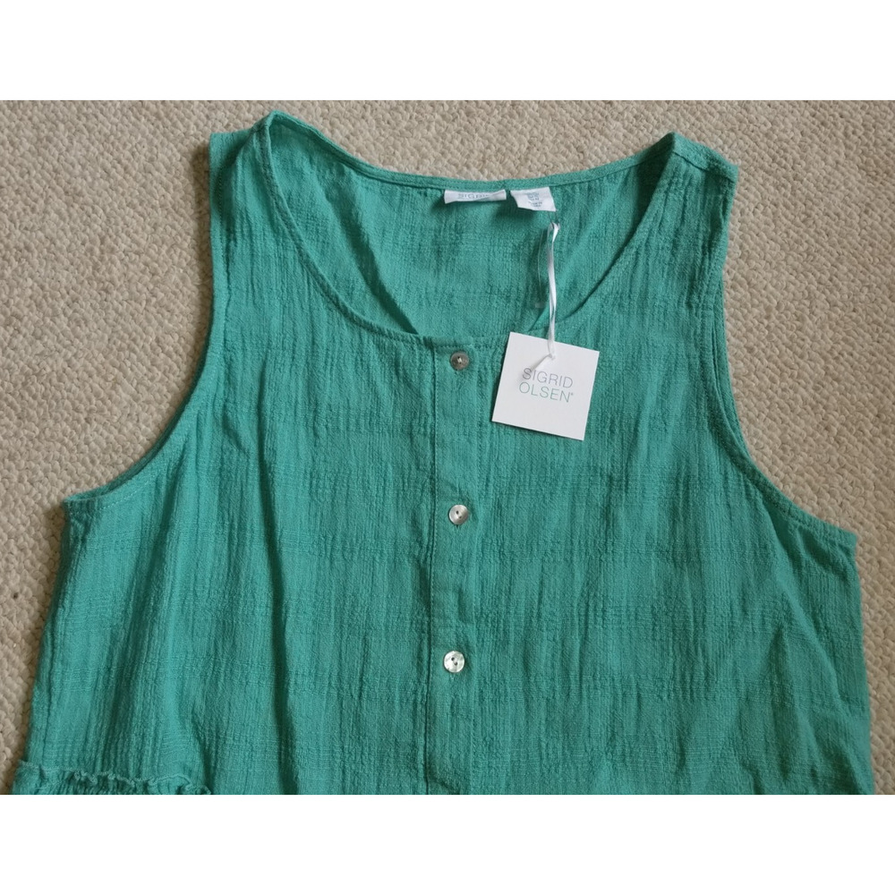 NWT Womens Top-SIGRID OLSEN-green linen blend button-up babydoll shirt-M - Picture 2 of 5